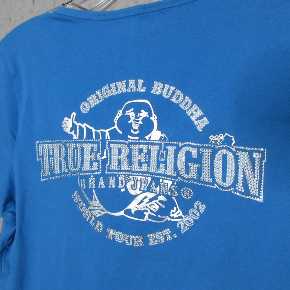 True Religion T-Shirt Women Blue Buddha Logo Embellished Y2K Studded Grunge NWT